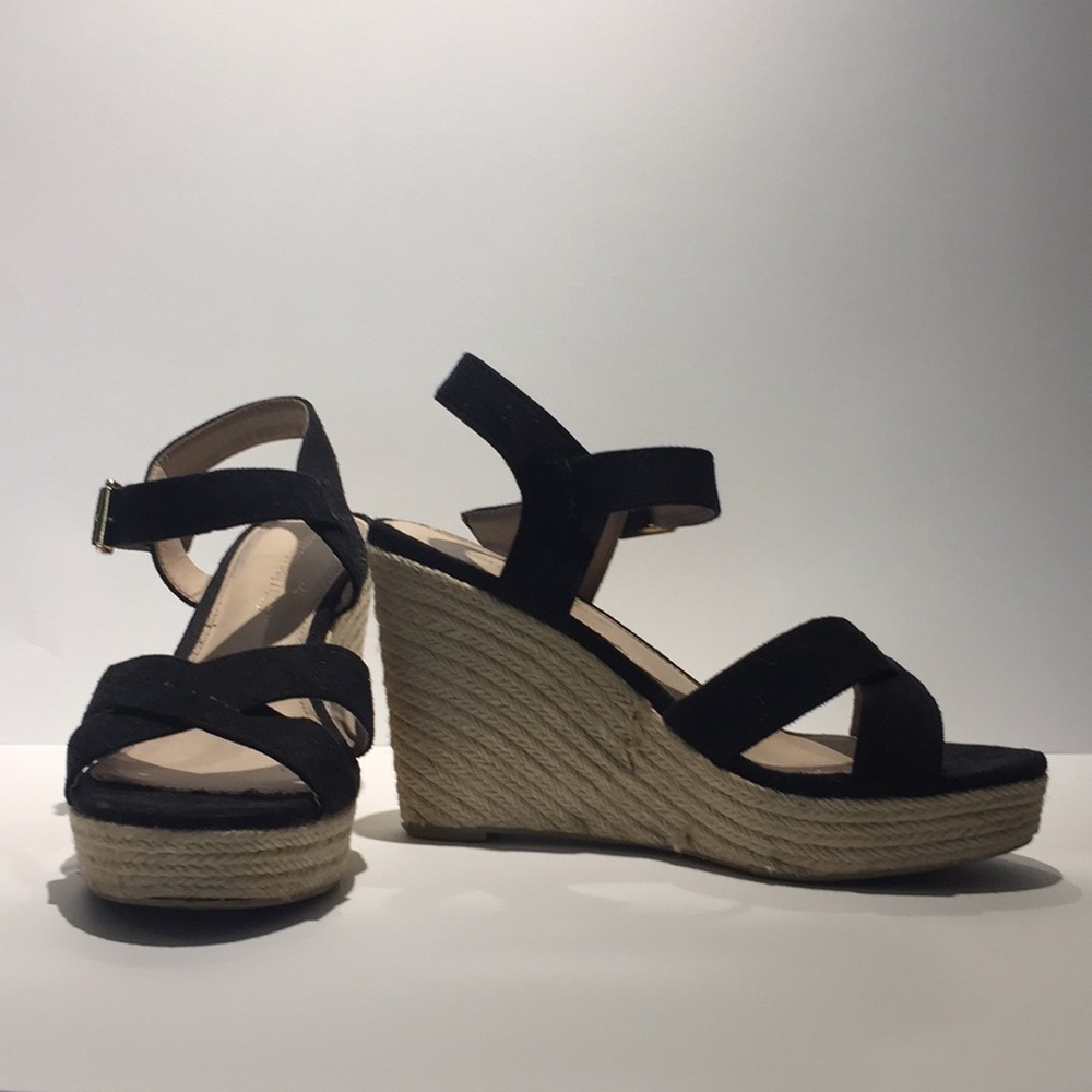 Black strapped wedge heels